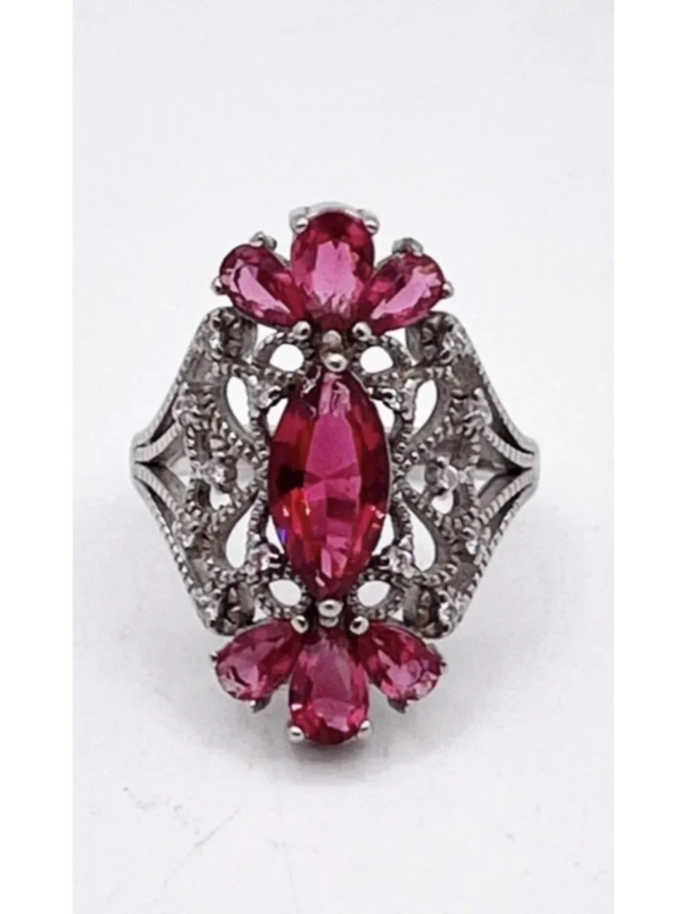 925 Sterling Silver Pink Stone Statement Ring Size 7 Art Deco Filigree Floral
